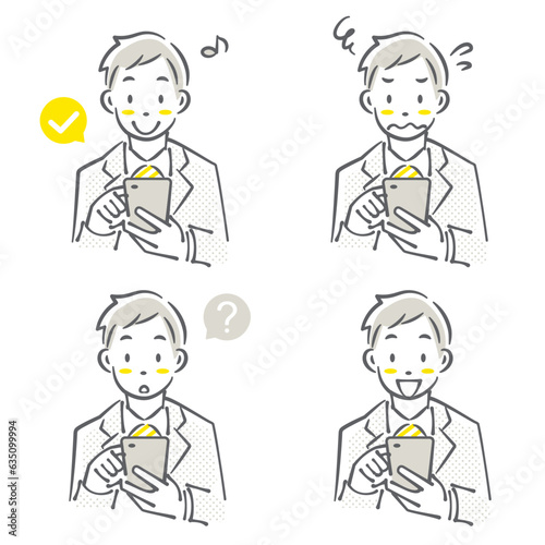 スマホを使っているスーツの男性　セット　シンプルでお洒落な線画イラスト