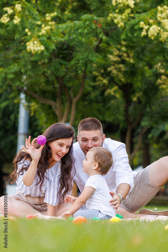 Fototapeta premium Young parents having fun with their little son whille on a picnic
