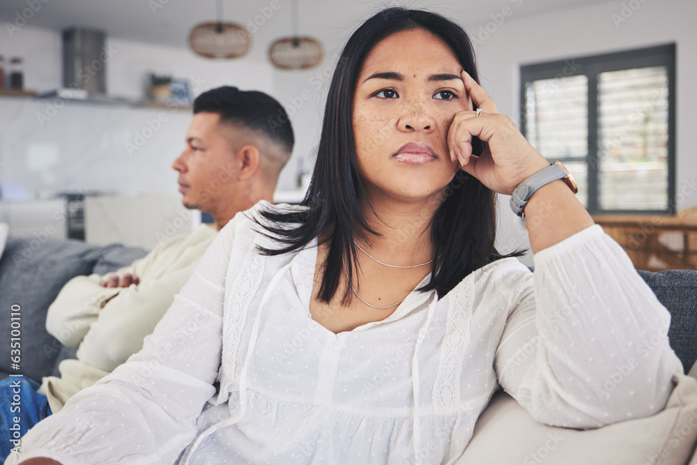Frustrated couple, fight and argument in divorce, conflict or disagreement on living room sofa at home. Unhappy man and woman in breakup, cheating affair or dispute from toxic relationship in house Frustrated couple, fight and argument in divorce, conflict or disagreement on living room sofa at home. Unhappy man and woman in breakup, cheating affair or dispute from toxic relationship in house
