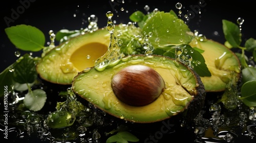 Avocado splash on black background, hyper realistic and high resolution.