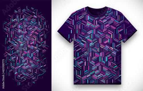 Fabric textile design for sport t-shirt with geometric technology hexagonal holographic lines. Front t-shirt mockup template design. Vector Illustration