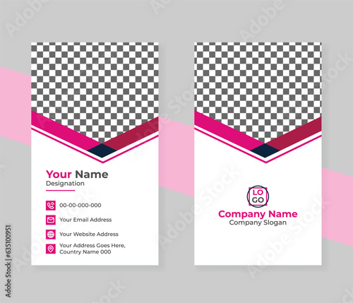 Professional and Elegant White and Pink Vertical Business Card Template Design With Image .