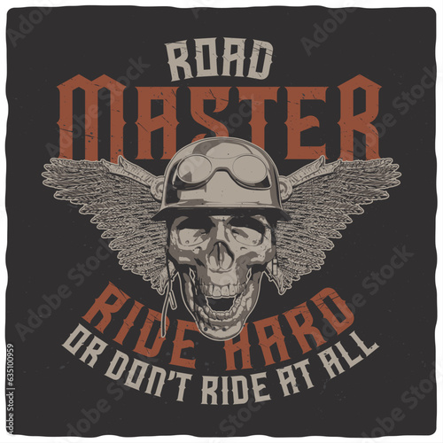 T-shirt or poster design with illustration of a skull with helmet and wings