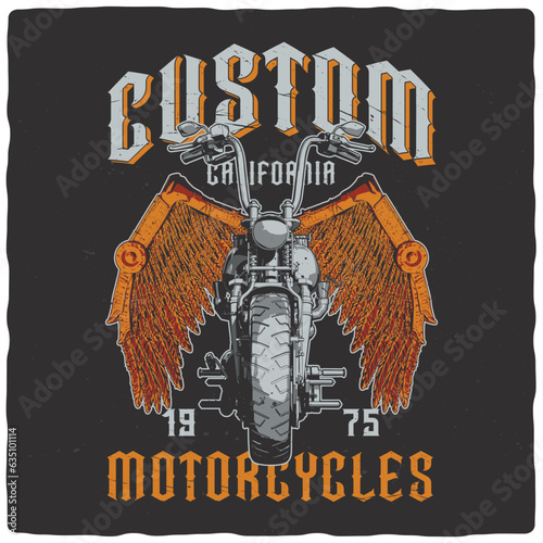 T-shirt or poster design with illustration of a motorcycle and wings