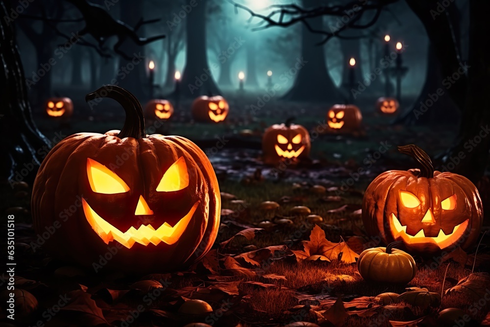 spooky Halloween pumpkin Jack-o'-lantern glowing face on dark background made with generative ai technology spooky Halloween pumpkin Jack-o'-lantern glowing face on dark background made with generative ai technology