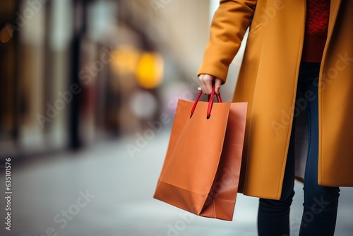 woman in colorful autumn clothes on a shopping spree in the city holding several paper bags