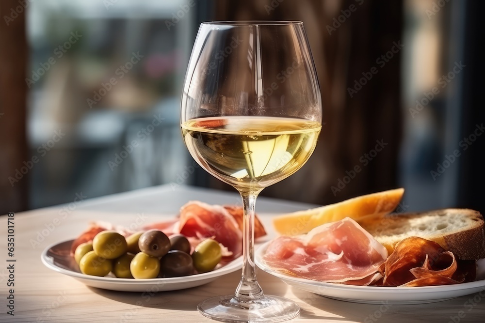 cool white wine in a glass near a plate with sliced jamon, dove cheese and various olives