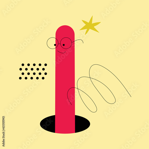 Geometric Funny Worm Character Looking Through and Out of Hole Vector Illustration