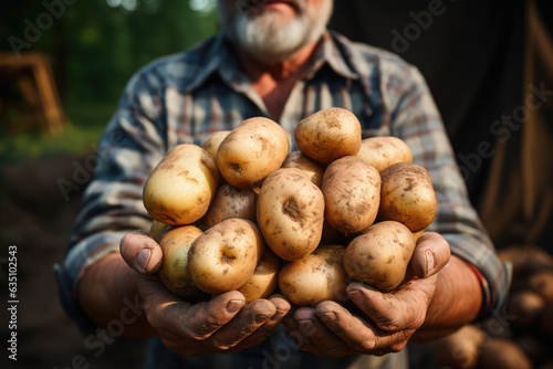 a farmer holds potatoes in his hands, ai generated.