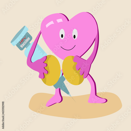 flat cartoon pink uterus yellow ovary holding a syringe containing the HPV vaccine