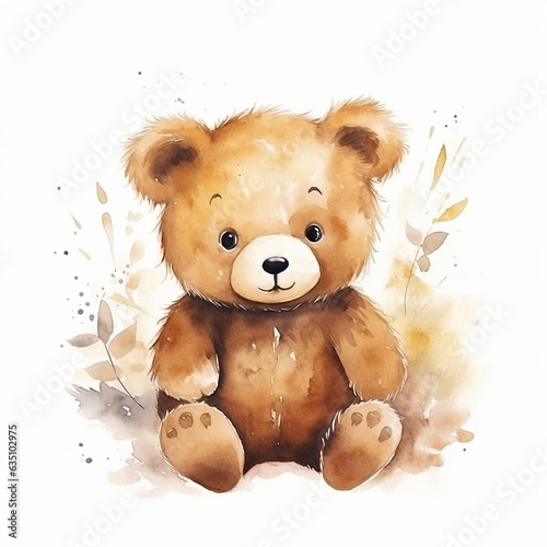 AI generated, cute teddybear in watercolor style illustration on white background. Beautiful illustration for a children’s book, postcards, napkins. Cute sweet little bear. © Dirk