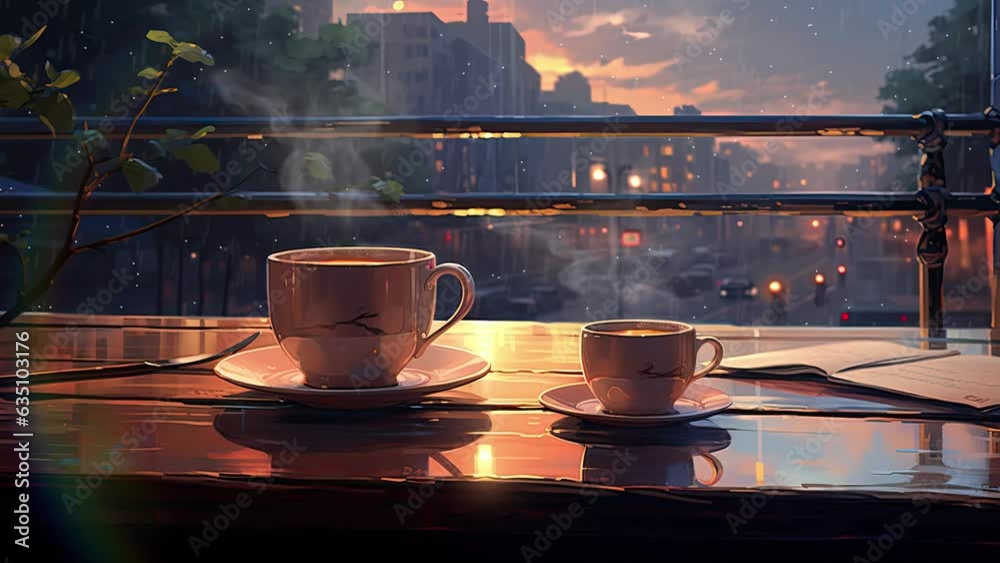Cup of hot coffee or tea on the table at sunset in the rain. Anime art style. Loop animation