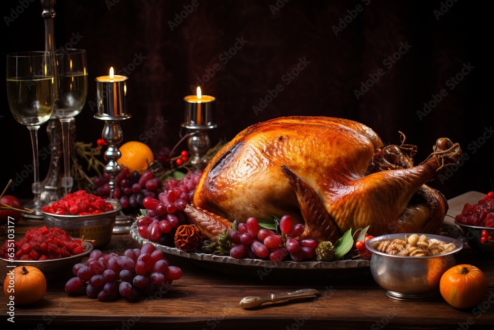 a lavish dinner table with huge roasted turkey or goose and sauces and vegetables, thanksgiving or christmas dish a lavish dinner table with huge roasted turkey or goose and sauces and vegetables, thanksgiving or christmas dish