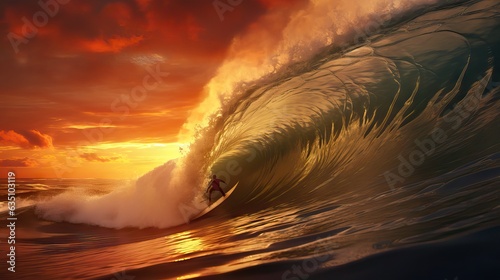 A fearless surfer riding a giant wave at sunset, feeling the adrenaline and thrill of conquering the powerful ocean. Generative AI © Sebastián Hernández
