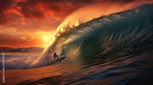A fearless surfer riding a giant wave at sunset, feeling the adrenaline and thrill of conquering the powerful ocean. Generative AI