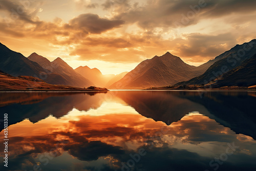Sunset over the mountain reflection at golden hour