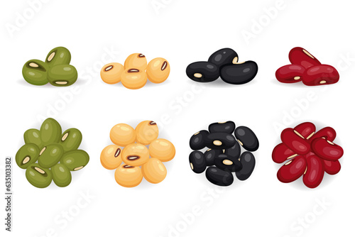 set of lentil seeds red adzuki, black gram, soy and green mung beans isolated on white background. vector illustration	