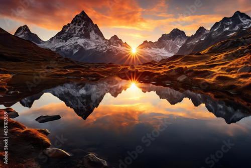 sunset in the mountains at a calm lake that creates a perfect reflection photo
