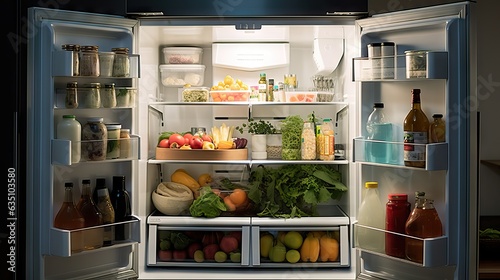 A family refrigerator fully stocked with a variety of fresh vegetables, drinks, dairy products, meat, and other essentials, ready for healthy and delicious meals. Generative AI