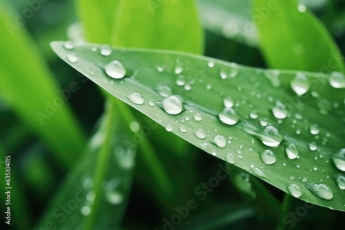 Dew drops on green leaf. meadow grass in drops rain