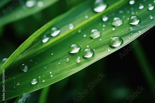 Dew drops on green leaf. meadow grass in drops rain