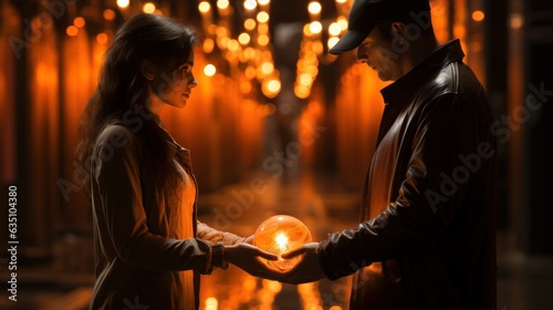 A man holds a woman's hand, orange light 