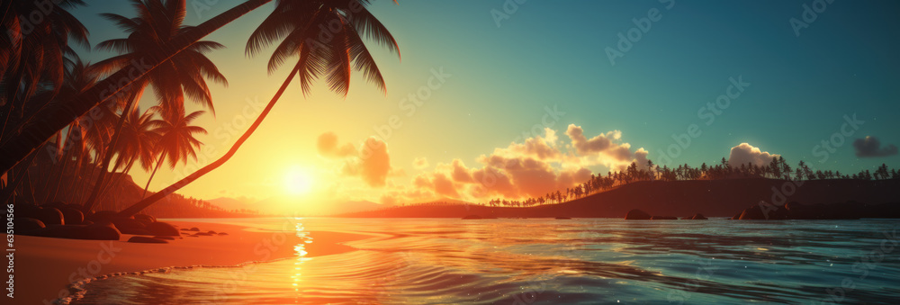 Tropical tranquility. Silhouette palm tree on sandy beach. A relaxing oasis of exotic paradise, sun, and ocean waves. Perfect for your getaway dreams and honeymoon escapes.