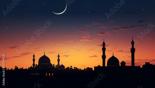 Sunset Mosque, Crescent Moon Over Silhouette Mosque