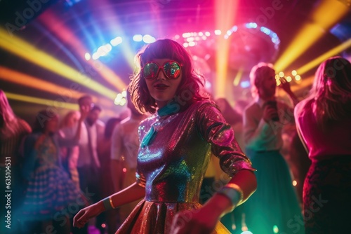 Vintage Vibes Roller Jam: Capturing an Energetic Scene of Retro Skating Disco with Partygoers, Disco Ball, and Neon Lights 