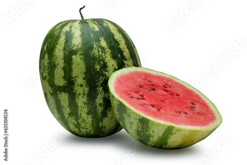 Whole watermelon and sliced ​​red watermelon isolated on white background. Great depth of field.