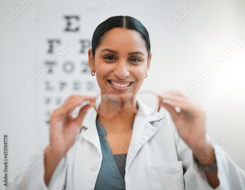 Doctor, woman and glasses, vision and eye care, portrait and optometry with health and smile. Prescription lens, frame choice and healthcare, eyewear and optometrist with wellness and medical service
