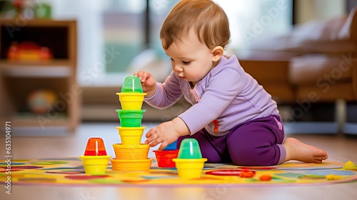 An inquisitive baby exploring and learning through engaging psychomotor games, enhancing their cognitive and motor skills. Generative AI photo