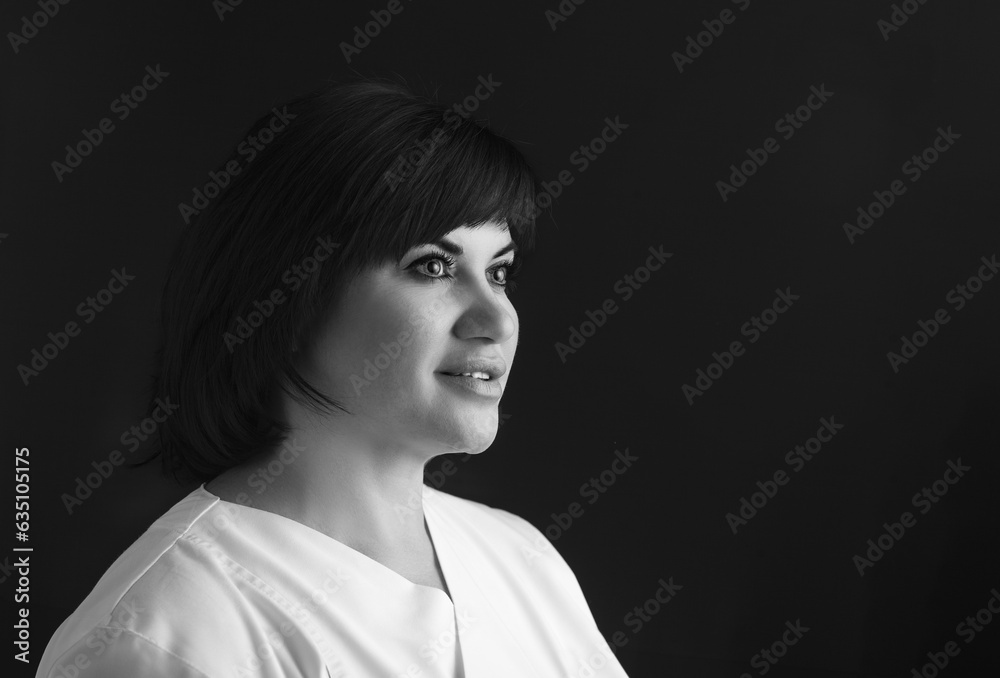 Monochrome Portrait of an adult beautiful brunette girl with short stylish hair Monochrome Portrait of an adult beautiful brunette girl with short stylish hair