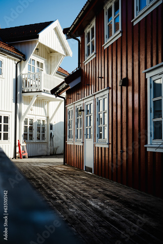 Red house on the street in old town, lofoten, svolvær