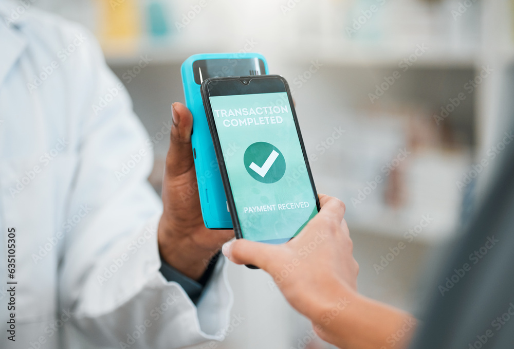 Contactless pay, phone and a customer shopping at a shop and paying for service with success check. Future, technology and hand of a person with a smartphone and machine for payment at a pharmacy