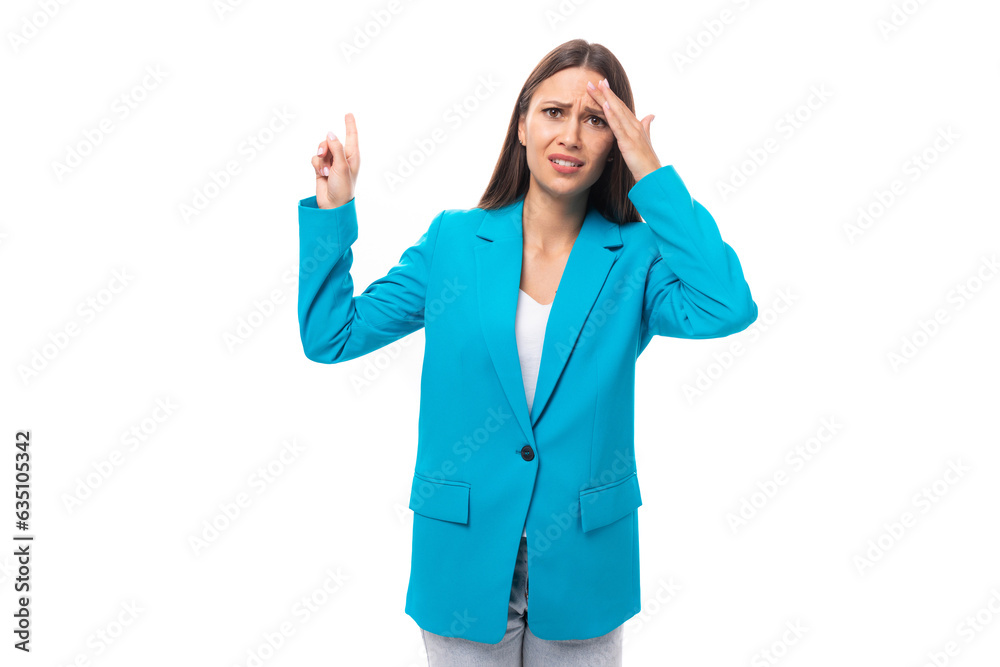 tired stylish young brunette businesswoman in a blue jacket in an image on a white background with copy space tired stylish young brunette businesswoman in a blue jacket in an image on a white background with copy space