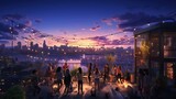 A group of young people enjoying a celebration on a rooftop with a breathtaking view of the city center skyline. Generative AI