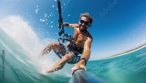 Riding the waves. Smiling kitesurfing in the ocean. Experience the thrill of extreme sport, active freedom, and joyful fun on the water.