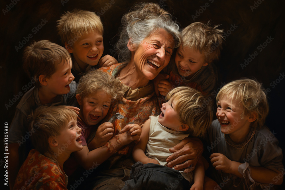The woman surrounded by her grandchildren, their laughter and affection creating a heartwarming scene The woman surrounded by her grandchildren, their laughter and affection creating a heartwarming scene