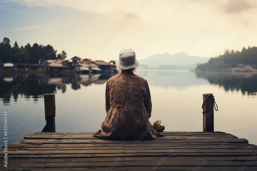 The elderly woman sitting on a dock, her gaze fixed on the horizon as she contemplates the beauty of life's journey  - obrazy, fototapety, plakaty 