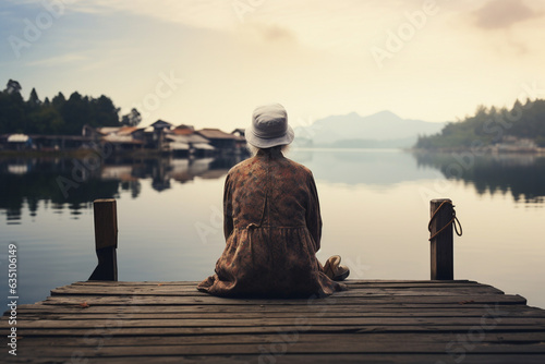 The elderly woman sitting on a dock, her gaze fixed on the horizon as she contemplates the beauty of life's journey  photo