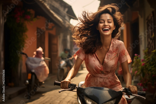 The woman enjoying a leisurely bike ride through a charming village, a smile on her face and the wind in her hair 