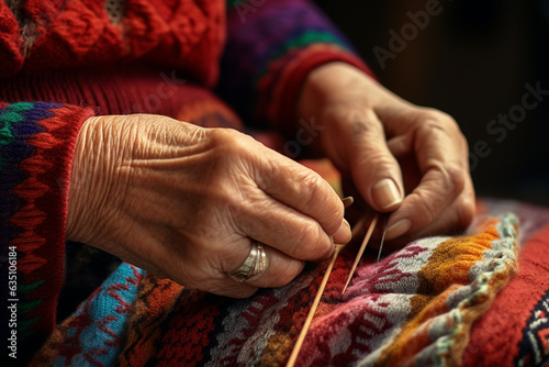 A close-up of the woman's hands as she knits, her fingers deftly weaving a tapestry of memories and warmth 