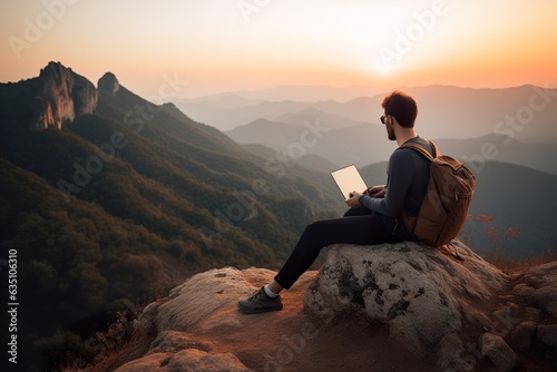 A person is working remotely on a laptop in mountains