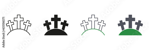 Gravestone, Tomb, Tombstone Line and Silhouette Icon Set. Cemetery with Tombstone and Cross, Graveyard Pictogram. Halloween Decoration Black and Color Symbol Collection. Isolated Vector Illustration