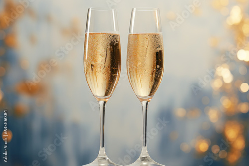 Double the delight. Two glasses of champagne in a bokeh background. Celebrate with sparkling cheers and effervescent elegance. Raise a toast to joyful moments and festive occasions.