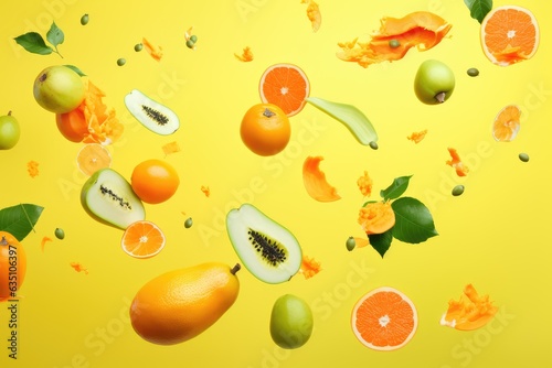 Flying fruits healthy summer color background