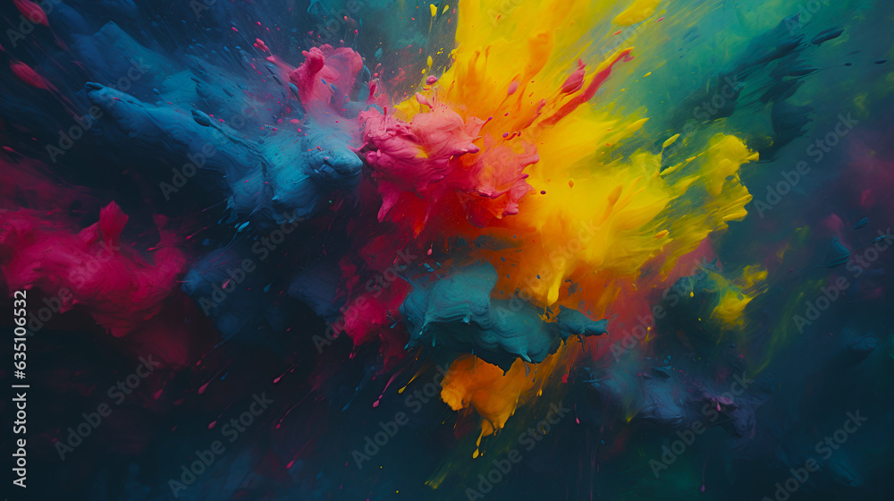 Explosion of colors and imagination: artistic splatters, vivid swirls, and textured elements. Capturing creativity with dynamic abstract designs and modern, vibrant effects on canvas