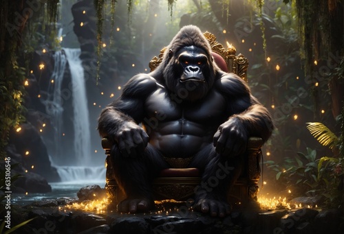 monkey king sitting on the throne, a king kong sitting on his throne,  king kong in the dark jungle