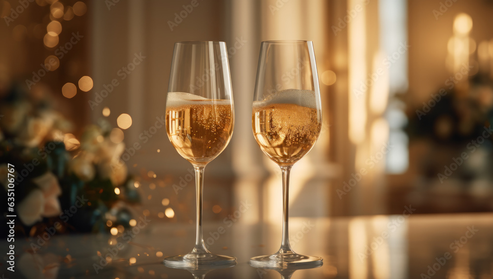 Double elegance. Two glasses of champagne on table. Celebrate in style with sparkling wine and luxurious ambiance. Cheers to memorable moments and joyful togetherness.